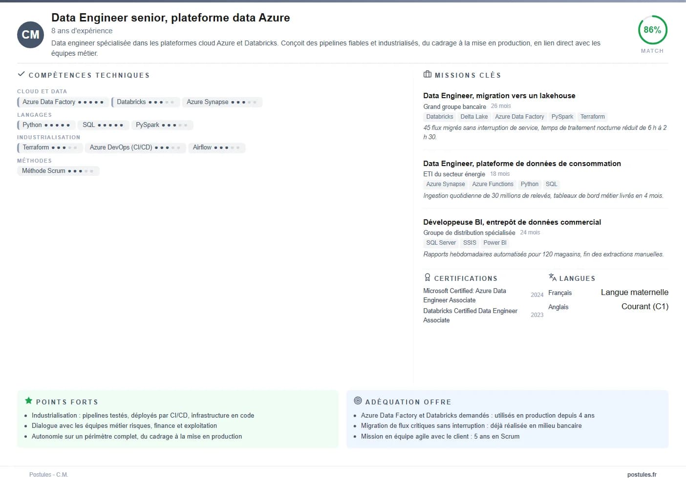 Exemple de dossier de compétences d’une data engineer : en-tête avec synthèse et score de correspondance, compétences techniques par catégorie, trois missions clés chez des clients anonymisés, certifications, langues, points forts et adéquation à l’offre.